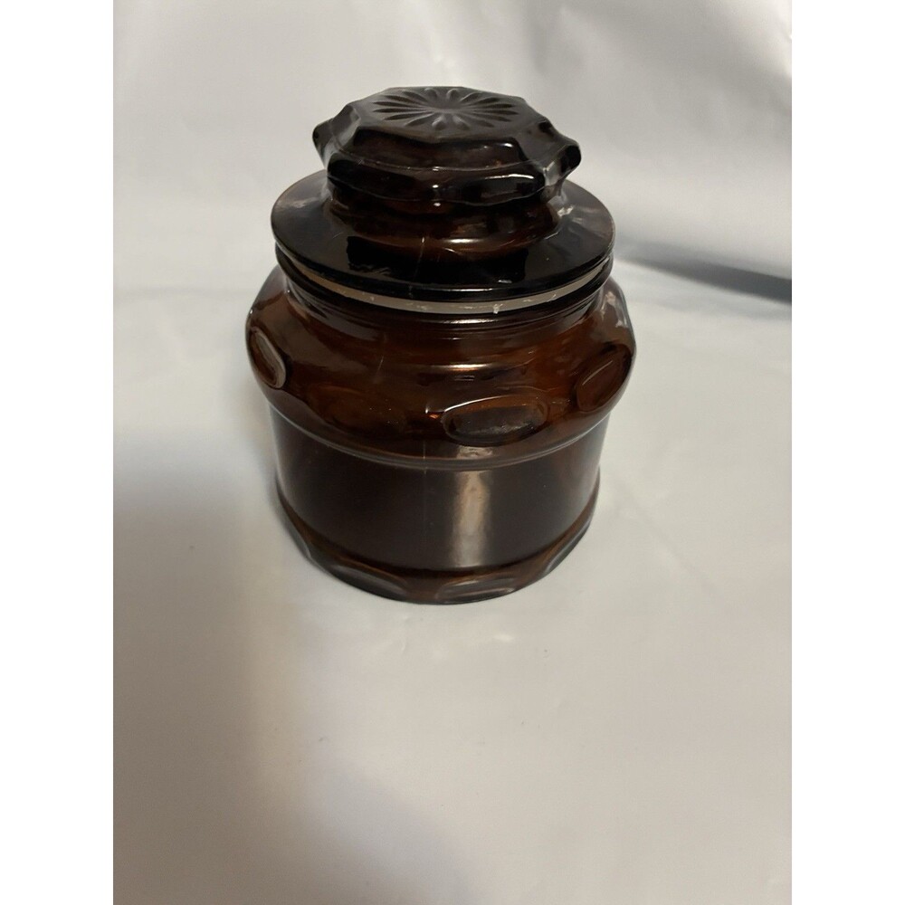 Vintage Dark Amber Glass Thumbprint Body & Starburst Pattern Lid Cremora Jar - Picture 4 of 12